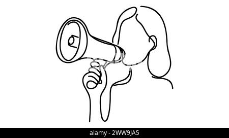 Ein durchgängiges, einmaliges, gezeichnetes Megaphon, Frau, Leute, Ankündigung, Geschäft, verweisen, Freund . Isoliertes Bild, handgezeichnet, kontinuierliches Bild Stock Vektor