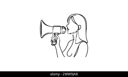Ein durchgängiges, einmaliges, gezeichnetes Megaphon, Frau, Leute, Ankündigung, Geschäft, verweisen, Freund . Isoliertes Bild, handgezeichnet, kontinuierliches Bild Stock Vektor