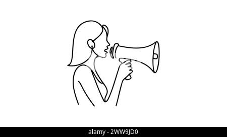 Ein durchgängiges, einmaliges, gezeichnetes Megaphon, Frau, Leute, Ankündigung, Geschäft, verweisen, Freund . Isoliertes Bild, handgezeichnet, kontinuierliches Bild Stock Vektor