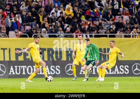 Andrei Burca aus Rumänien, Cristian Manea aus Rumänien, Alexandru Cicaldau aus Rumänien und Conor Bradley aus Nordirland während des Internationalen Freundschaftsfußballspiels zwischen Rumänien und Nordirland am 22. März 2024 in der Arena Nationala in Bukarest, Rumänien - Foto Mihnea Tatu/DPPI Credit: DPPI Media/Alamy Live News Stockfoto