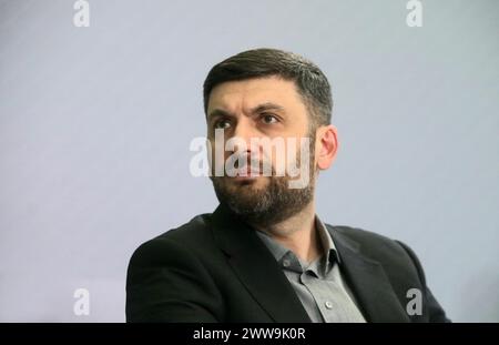 KIEW, UKRAINE – 21. MÄRZ 2024 - der Vorsitzende der Werchowna Rada der Ukraine im Jahr 2014-2016 Wolodymyr Groysman nimmt an dem 16. jährlichen Kiewer Sicherheitsforum Teil, das anlässlich des zehnten Jahrestages der Unterzeichnung des politischen Teils des Assoziierungsabkommens zwischen der Ukraine und der Europäischen Union, Kiew, organisiert wird, um transatlantische Unterstützung für die Ukraine zu mobilisieren. Hauptstadt der Ukraine. Stockfoto