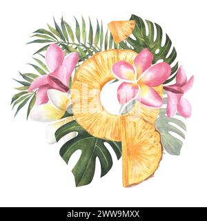 Aquarellillustration von tropischen Blättern und Ananas-Früchten auf isoliertem weißem Hintergrund. Handgezeichnete Komposition mit Plumerai-Blüten und tropischem L Stockfoto