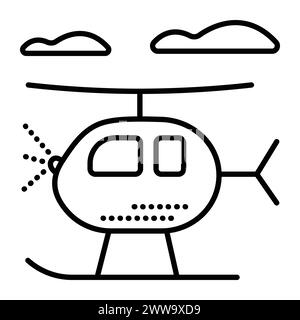 Einzelner Hubschrauber mit Kufen, schwarze Linie Vektor-Symbol, Wolken und Copter-Piktogramm, süßer westlicher Hubschrauber mit Fahrwerk, Air Taxi minimale Illustra Stock Vektor