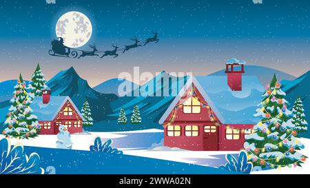Vektor-Illustration der Winterlandschaft mit dekorierten Häusern und Bäumen. Weihnachtsmann fliegt mit Schlitten und Rentieren in sternenklarer Nacht im Hintergrund Stock Vektor