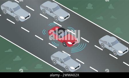 Ein selbstfahrendes Auto mit intelligenten Sensoren auf einer Autobahn. Autonome Fahrzeuge mit fortschrittlichen Sensoren, die selbstbewusst zwischen konventionellen Fahrzeugen navigieren. Stock Vektor
