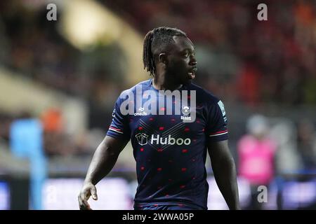 Bristol, Großbritannien. März 2024. Gabriel Ibitoye von Bristol Bears während des Gallagher Premiership Rugby Spiels zwischen Bristol Rugby und Northampton Saints am 22. März 2024 in Ashton Gate, Bristol, England. Foto von Scott Boulton. Nur redaktionelle Verwendung, Lizenz für kommerzielle Nutzung erforderlich. Keine Verwendung bei Wetten, Spielen oder Publikationen eines einzelnen Clubs/einer Liga/eines Spielers. Quelle: UK Sports Pics Ltd/Alamy Live News Stockfoto