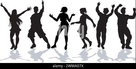 Silhouetten einer Gruppe von Menschen, die vor weißem Hintergrund tanzen. Vektorabbildung. Stock Vektor