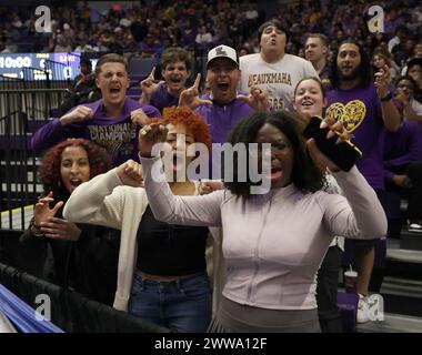 Baton Rouge, USA. März 2024. Eine Gruppe von Fans der LSU Lady Tigers zeigte Unterstützung für ihr Team während eines ersten Rundenspiels des NCAA Women's Basketball Tournament am Freitag, den 22. März 2024 in Baton Rouge, Louisiana. (Foto: Peter G. Forest/SipaUSA) Credit: SIPA USA/Alamy Live News Stockfoto