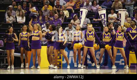 Baton Rouge, USA. März 2024. Die LSU Lady Tigers Cheerleader treten am Freitag, den 22. März 2024, während eines ersten Rundenspiels des NCAA Women's Basketball Tournament in Baton Rouge, Louisiana, auf. (Foto: Peter G. Forest/SipaUSA) Credit: SIPA USA/Alamy Live News Stockfoto