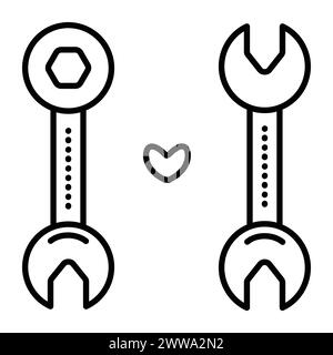 Zwei Schraubenschlüssel und Herz, schwarze Linie Vektor-Symbol des Metallwerkzeugs, Schraubenschlüssel-Piktogramm, doppeltes Schraubenzieherzeichen, Liebe zu Mechanikern und Reparatur Stock Vektor