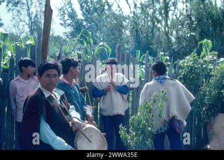 Tzotzil Maya-Indianer aus Chamula spielen traditionelle Musik auf traditionellen Instrumenten bei einem fest im Dorf San Juan Chamula Maya im zentralen Hochland von Chiapas im Süden Mexikos am 5. Dezember 1976. Stockfoto