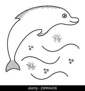 Süßer Delfin in Meereswellen, schwarze nautische Illustration Stock Vektor