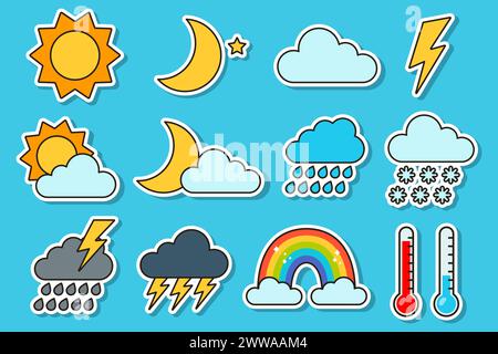 Wetteraufkleber Set. Flache Illustration von Gewitterwolke, Wolken und Schnee, Sonne und Mond. Stock Vektor