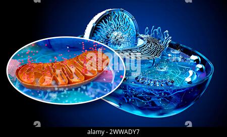 Illustration einer tierischen Zelle mit Einlage eines Mitochondriums (braun). Mitochondrien sind Organellen, die Energie für eine Zelle produzieren. Stockfoto