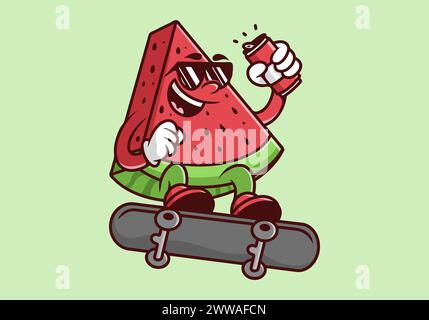 Maskottchencharakter der roten Wassermelone auf dem Skateboard. Halten Sie eine Bierdose Stock Vektor