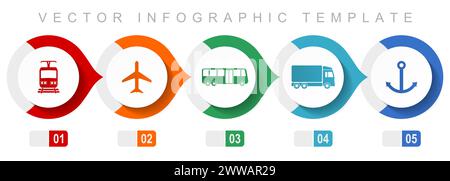 Infografik-Vorlage für flaches Transportdesign, verschiedene Symbole wie Zug, Flugzeug, Bus, Lkw und Anker, Sammlung von Vektorsymbolen Stock Vektor