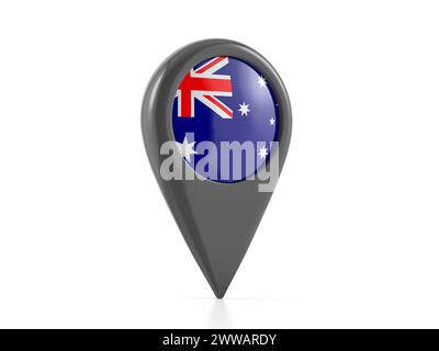 Kartenmarkierung mit australischer Flagge auf weißem Hintergrund. 3D-Abbildung. Stockfoto