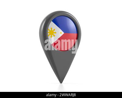 Kartenmarkierung mit philippinischer Flagge auf weißem Hintergrund. 3D-Abbildung. Stockfoto