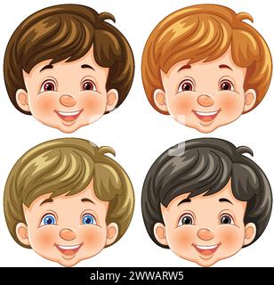 Vier fröhliche Zeichentrickkinder mit verschiedenen Frisuren Stock Vektor