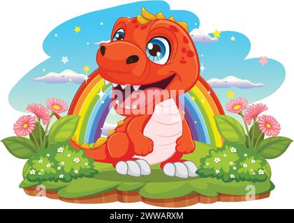 Glücklicher Cartoon-Dinosaurier mit Regenbogenhintergrund Stock Vektor