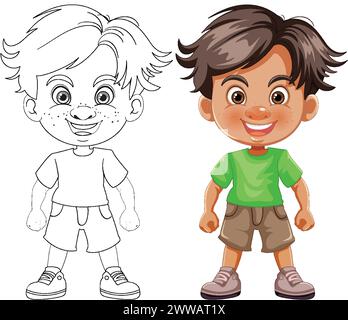 Vektorillustration eines Jungen, farbig und umrissen. Stock Vektor