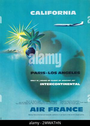 1960 britische Werbung für die Fluggesellschaft Air France, die ihre Strecke Paris-Los Angeles bewertete. Stockfoto
