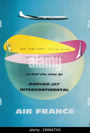 1960 Werbung für die Fluggesellschaft Air France, die ihre interkontinentale Route von Paris nach New York bewertete. Stockfoto