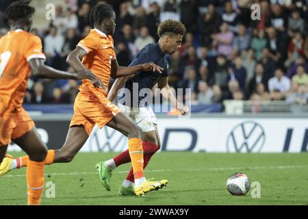 Desire Doue of France während des internationalen U23-Fußballspiels zwischen France U23 und Elfenbeinküste U23 am 22. März 2024 im Stade Gaston Petit in Chateauroux, Frankreich Stockfoto