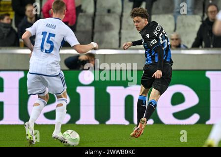 Brügge, Belgien. März 2024. Maxim de Cuyper (55) vom Club Brugge verteidigte sich während des Achtelfinale der UEFA Conference League, das zweite Legspiel in der Saison 2023-2024 zwischen Club Brugge KV und Molde FK am 14. März 2024 in Brügge. (Foto: David Catry/Isosport) Credit: Sportpix/Alamy Live News Stockfoto