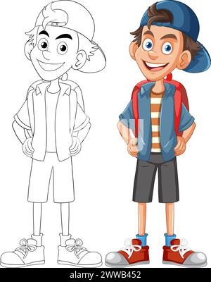 Vektorillustration eines Jungen, farbig und umrissen. Stock Vektor