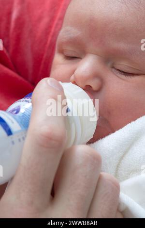 Vater gibt die Flasche seinem Kind auf der Entbindungsstation. Stockfoto