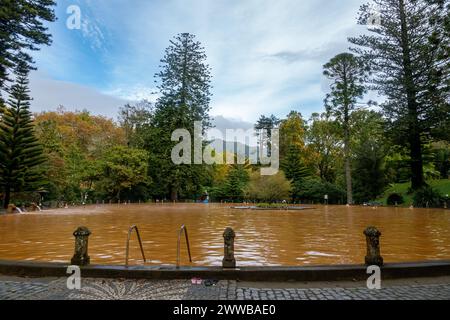 Die berühmten gelben Thermalbad im Botanischen Garten von Terra Nostra Furnas, Sao Miguel, Azoren, Portugal Stockfoto