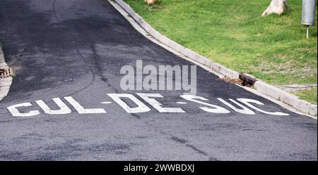 CUL de Sac, Straße und Outdoor mit Schild für Warnung mit Fehler, Witz oder Comic Text in der Nachbarschaft. Asphalt, Fehler und lustige Schilder mit Schrift Stockfoto