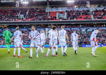 Oslo, Norwegen. März 2024. Die norwegischen Spieler bereiten sich auf das Fußball-Freundschaftsspiel zwischen Norwegen und Tschechien im Ullevaal Stadion in Oslo vor. (Foto: Gonzales Photo/Alamy Live News Stockfoto