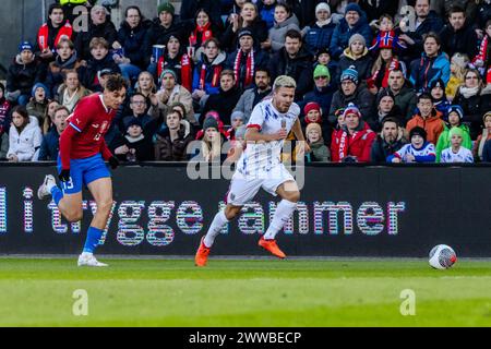 Oslo, Norwegen. März 2024. Fredrik Bjorkan (17) aus Norwegen war während des Fußballspiels zwischen Norwegen und Tschechien im Ullevaal Stadion in Oslo zu sehen. (Foto: Gonzales Photo/Alamy Live News Stockfoto