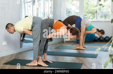 Acroyoga, zwei sportliche Menschen üben Yoga in Paaren, Paare, die Dehnübungen machen, Stehhaltung halber Vorwärtsbeugung im Yoga-Club Stockfoto