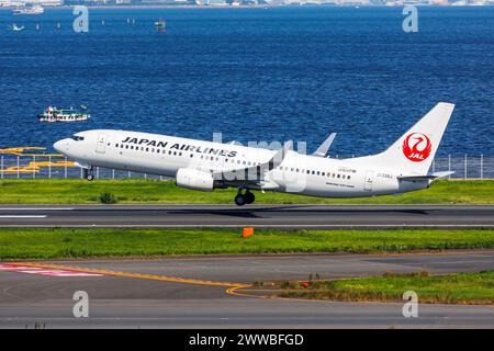 Tokio, Japan - 25. September 2023: Japan Airlines JAL Boeing 737-800 Flugzeug am Flughafen Tokio Haneda (HND) in Japan. Stockfoto