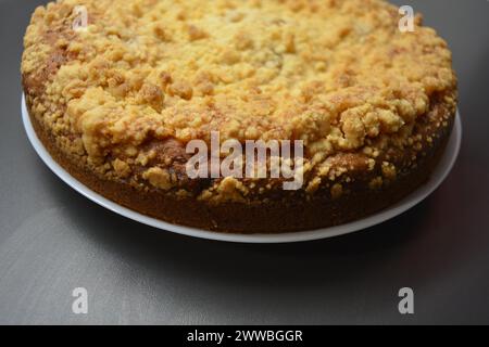 Küche, köstlicher hausgemachter Kuchen mit Kürbis und Aprikosenstücken auf einem weißen Teller. Stockfoto