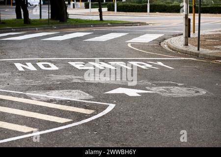 Straßenmarkierung, keine Einfahrt und Warnung mit Text, Pfeil und Richtungsfehler mit Lack auf Asphalt in der Stadt. Boden, Straße und Sprachfehler Stockfoto