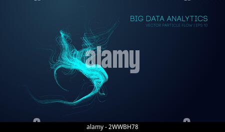 Türkisfarbener Partikelwellenfluss auf dunklem Hintergrund für Big-Data-Konzept Stock Vektor