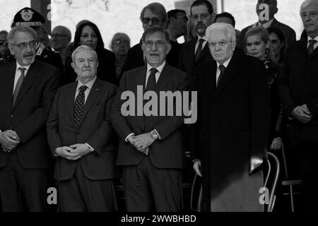 Rom, Italien 03 24 2024: Sergio Mattarella Präsident der Republik mit Ignazio La Russa Präsident des senats. Gedenkfeier bei Fosse Ardeatine. Stockfoto