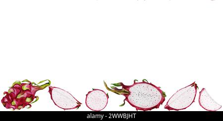 Pitaya exotische Frucht Aquarellrahmen auf isoliertem weißem Hintergrund. Lebendige Illustration von Drachenfrüchten. Essenszeichnung handgezeichnetes thailändisches Esselement. Bis Stockfoto