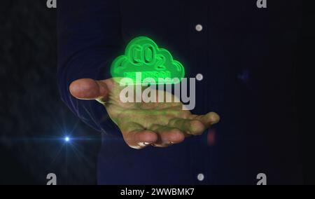 CO2-neutrale Dekarbonisierung emissionsfrei und umweltfreundliches 3D-Symbol über der Hand. Abstrakte Illustration des Konzepts der Cyber-Technologie. Stockfoto