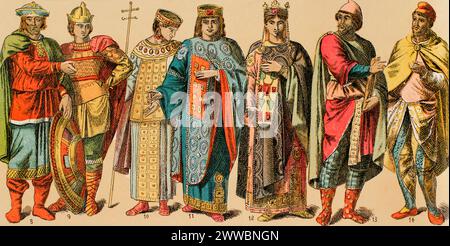 Byzantiner, 1000-1200. Von links nach rechts: 8-9: Krieger, 10: regalkleid, 11: kaiserin, 12: Damenkleid mit Stola, Tunika und Mantel, 13-14: Herrenkleid. Phrygienkappe. Chromolithographie. "Historia Universal", von César Cantú. Volumen V, 1884. Stockfoto