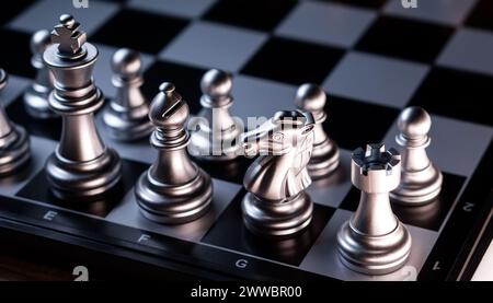 Nahaufnahme des Silberschachs auf dem Schachbrett. Schachmänner Stockfoto
