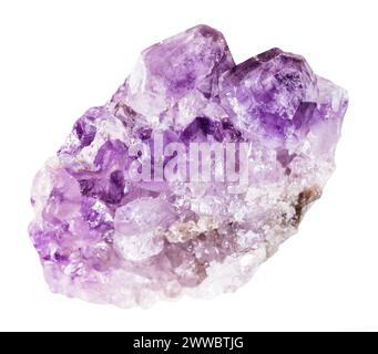 Nahaufnahme einer Probe von Naturstein aus geologischer Sammlung - Druse von Amethyst Mineral isoliert auf weißem Hintergrund vom Weißen Meer Küste Stockfoto