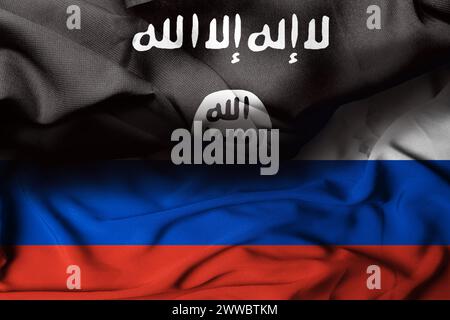 Der islamische Staat Irak und die Levante Flagge kombinierten russische Flagge, die Textilgewebe Hintergrund wehte. Abbildung: Schwenken einer Flagge. Selektiver Fokus Stockfoto