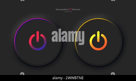 Ein Satz runder Tasten mit dem Symbol für die Stromversorgung in Schwarz. Benutzeroberflächenelemente für mobile Geräte im Stil von Pneumorphism, UI, UX. Stock Vektor