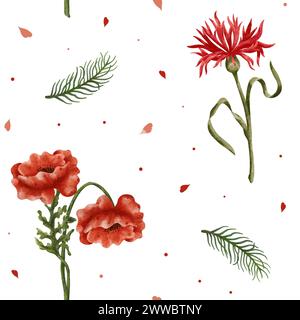 Nahtloses Blumenmuster. Romantisches Muster mit rotem Mohn und Chrysanthemen. Wiesenblumen mit kleinen Herzen. Design für Muttertag, Frauentag Stockfoto