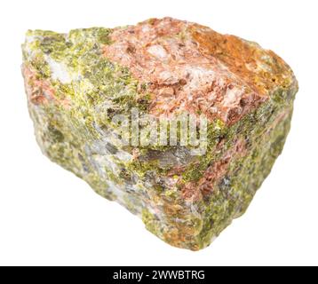 Nahaufnahme einer Probe von Naturstein aus der geologischen Sammlung - unpoliertes unakites Mineral isoliert auf weißem Hintergrund Stockfoto